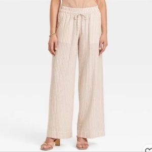 Women's High-Rise Wide Leg Linen Pull-On Pants - A New Day Cream Striped XS